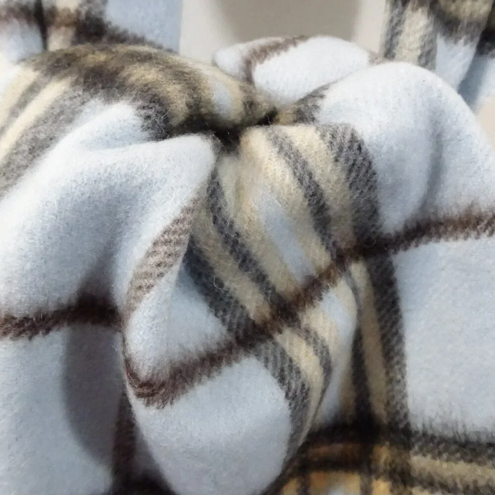 Vintage Plaid 100% Cashmere Scarf Fringe Made in Germany Blue Tan Brown